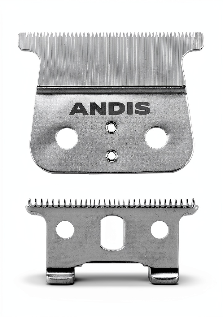 Close‑up of Andis ceramic T‑blade installed in a trimmer