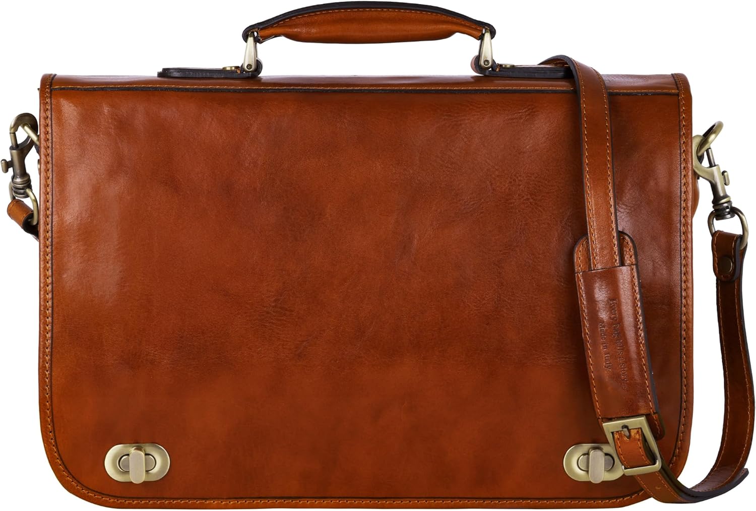 Dark Brown Leather Briefcase on a wooden desk